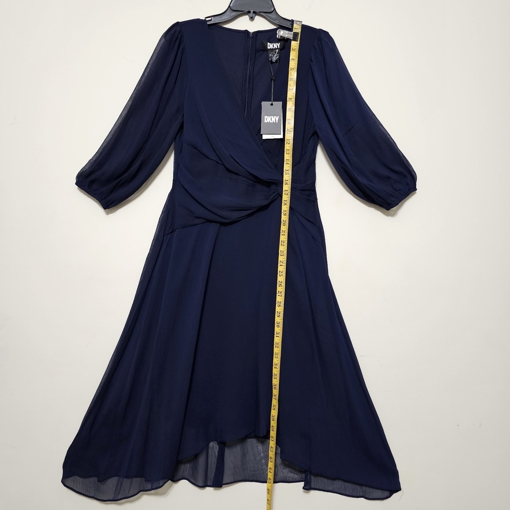 DKNY Women Dress Size 8 Fits Medium Faux Wrap V-Neck Long Sleeves Blue New - Picture 3 of 10